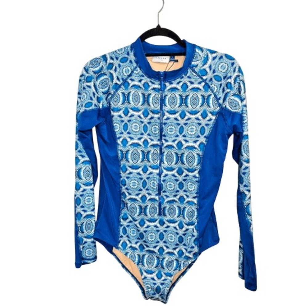 Cabana Life One Piece Swimsuit Women Large Blue NWT Long Sleeve Rash Guard Zip